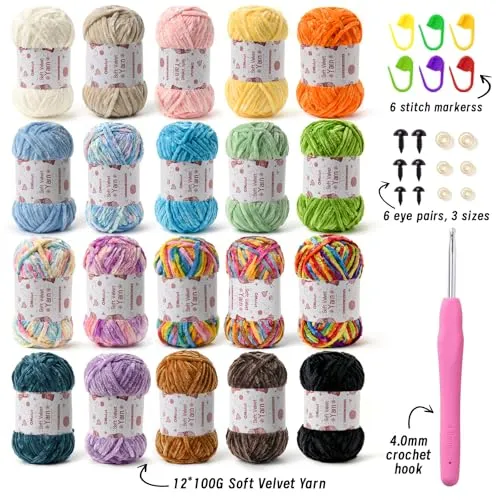 20 Pack Chenille Chunky Yarn - Baby Yarn for Crocheting Soft - White Black Brown Green Red Pink Blue Rainbow Velvet Yarn Crochet Blanket - Amigurumi Yarn Pack with Crochet Accessories