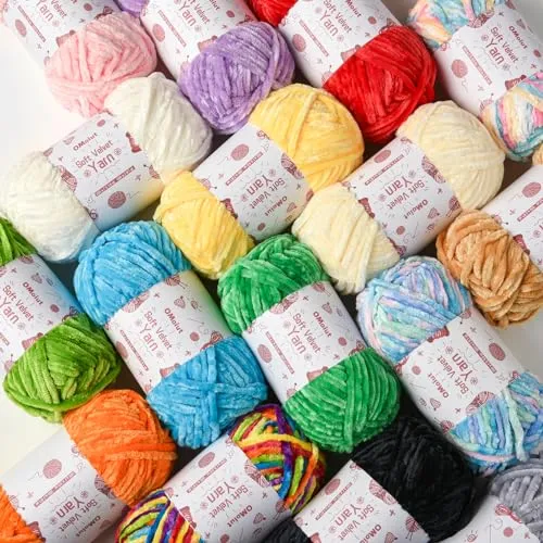 20 Pack Chenille Chunky Yarn - Baby Yarn for Crocheting Soft - White Black Brown Green Red Pink Blue Rainbow Velvet Yarn Crochet Blanket - Amigurumi Yarn Pack with Crochet Accessories