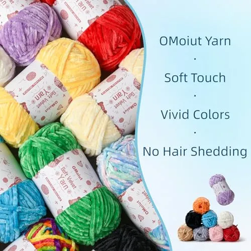 20 Pack Chenille Chunky Yarn - Baby Yarn for Crocheting Soft - White Black Brown Green Red Pink Blue Rainbow Velvet Yarn Crochet Blanket - Amigurumi Yarn Pack with Crochet Accessories