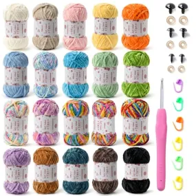 20 Pack Chenille Chunky Yarn - Baby Yarn for Crocheting Soft - White Black Brown Green Red Pink Blue Rainbow Velvet Yarn Crochet Blanket - Amigurumi Yarn Pack with Crochet Accessories