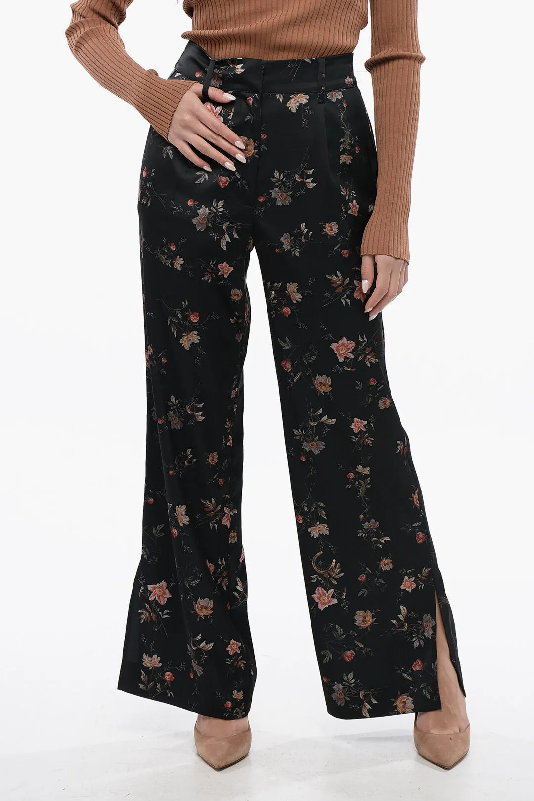 AllSaints Floral Patterned Satin LOUISA Pants with Ankle Slits