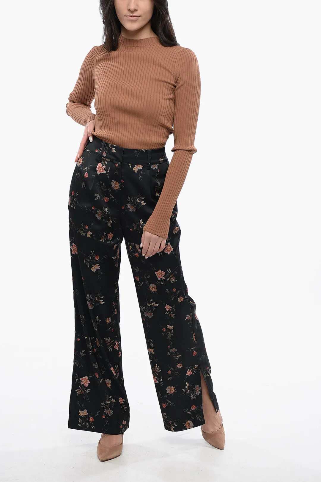 AllSaints Floral Patterned Satin LOUISA Pants with Ankle Slits