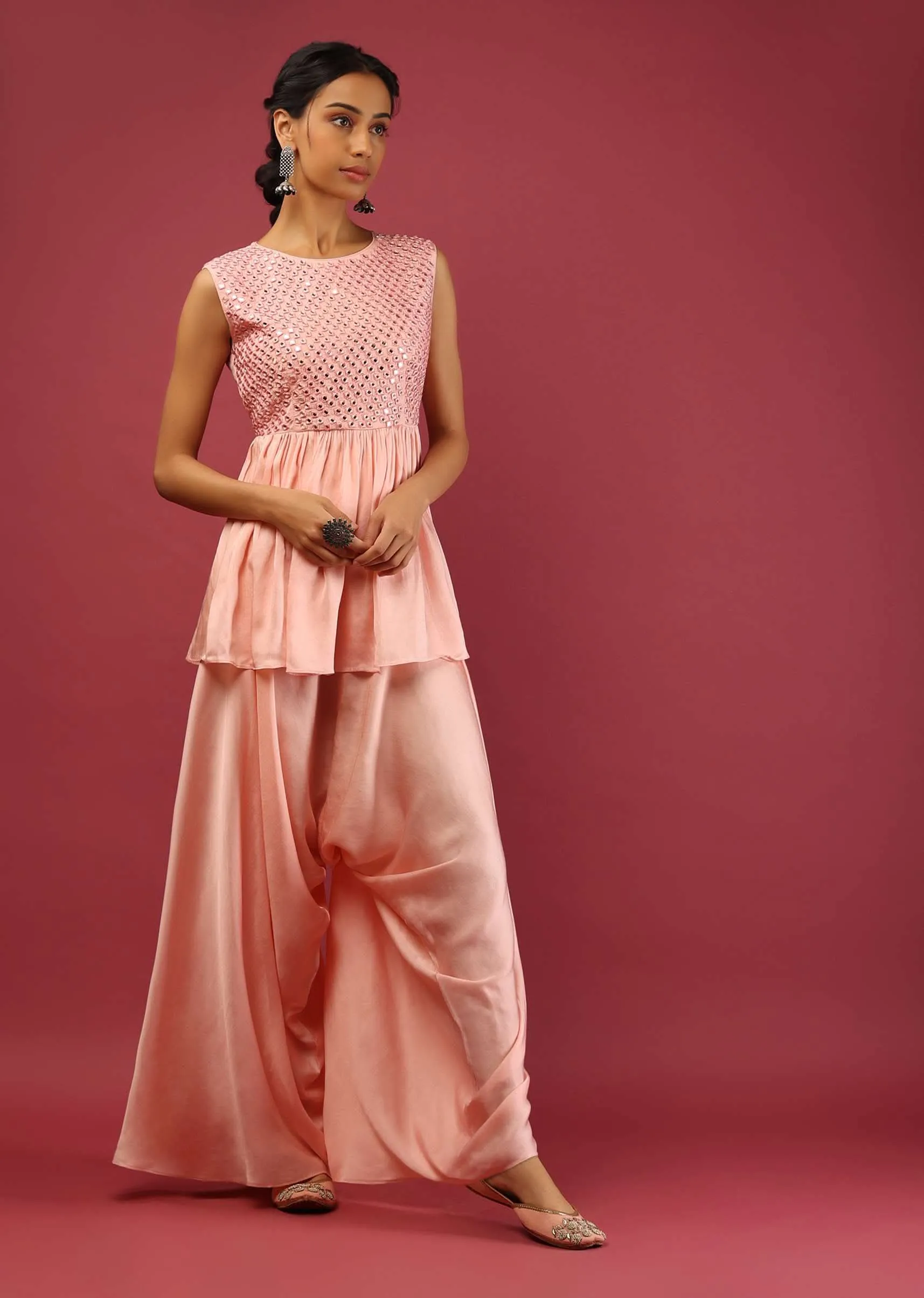 Baby Pink Peplum Kurta And Cowl Dhoti Suit Set With Mirror Abla Embroidery