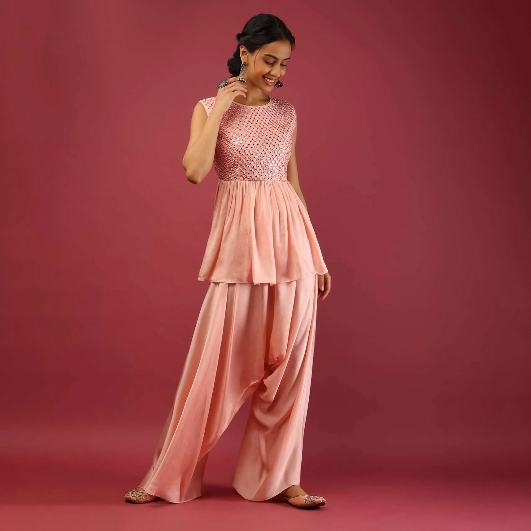 Baby Pink Peplum Kurta And Cowl Dhoti Suit Set With Mirror Abla Embroidery