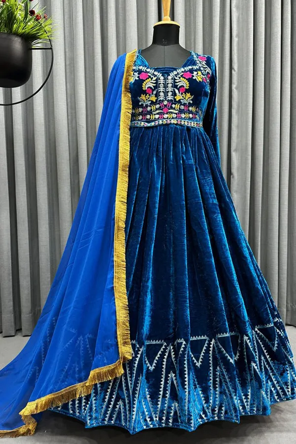 Beautiful Designer Blue Velvet Gown For Wedding 2023