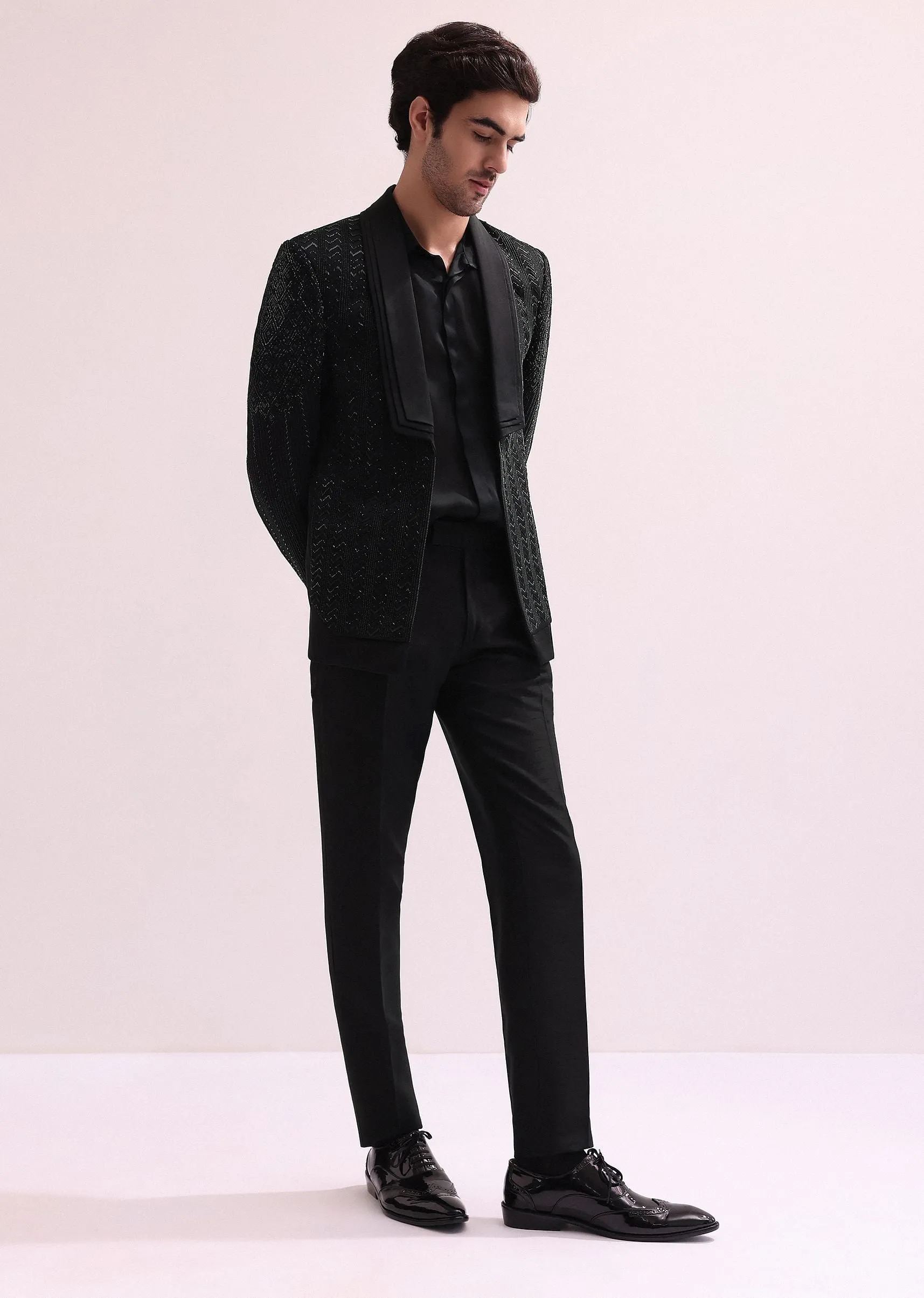 Black Hand Embellished Organza Lapel Tuxedo With Shirt And Pants
