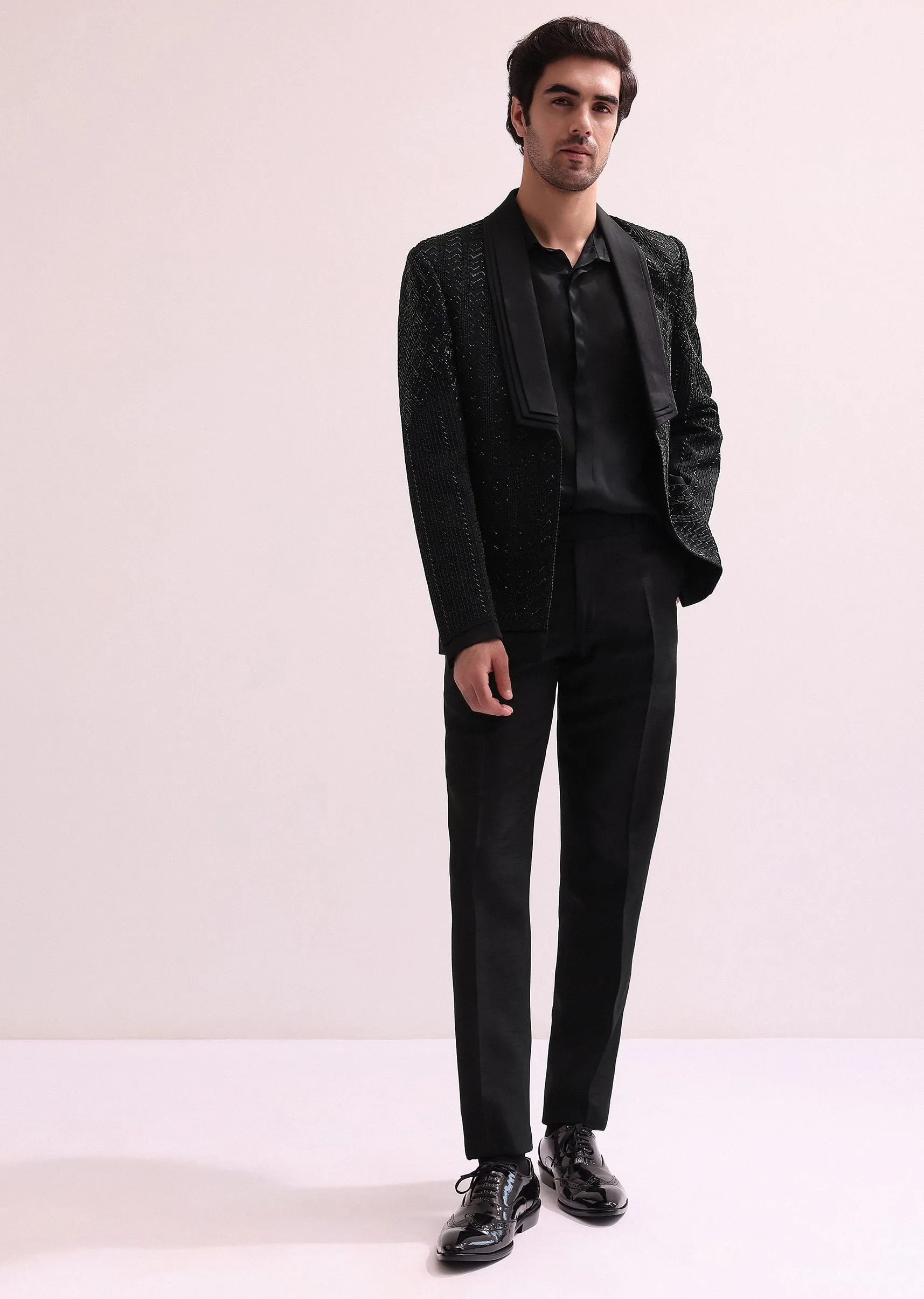 Black Hand Embellished Organza Lapel Tuxedo With Shirt And Pants