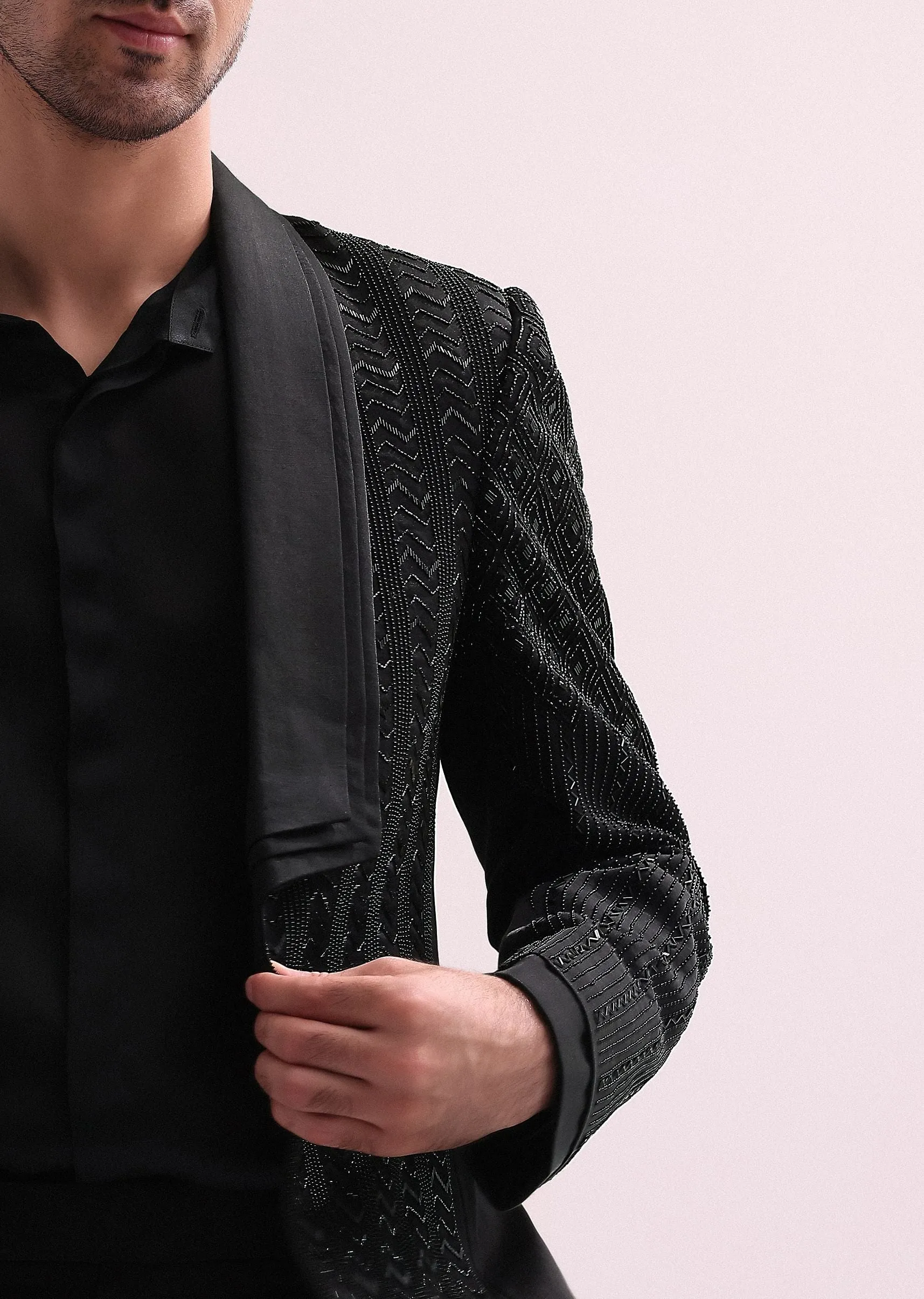 Black Hand Embellished Organza Lapel Tuxedo With Shirt And Pants