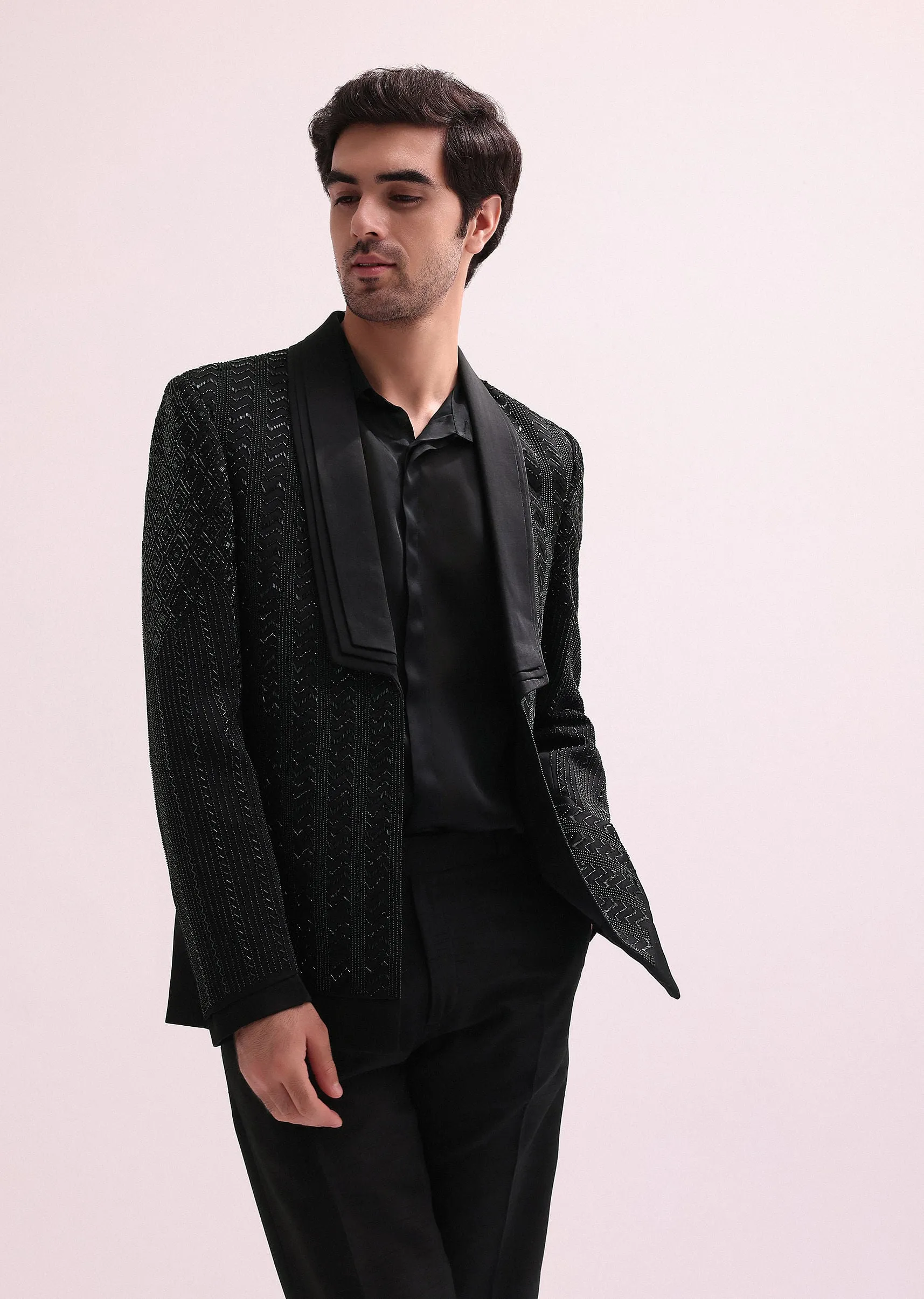 Black Hand Embellished Organza Lapel Tuxedo With Shirt And Pants