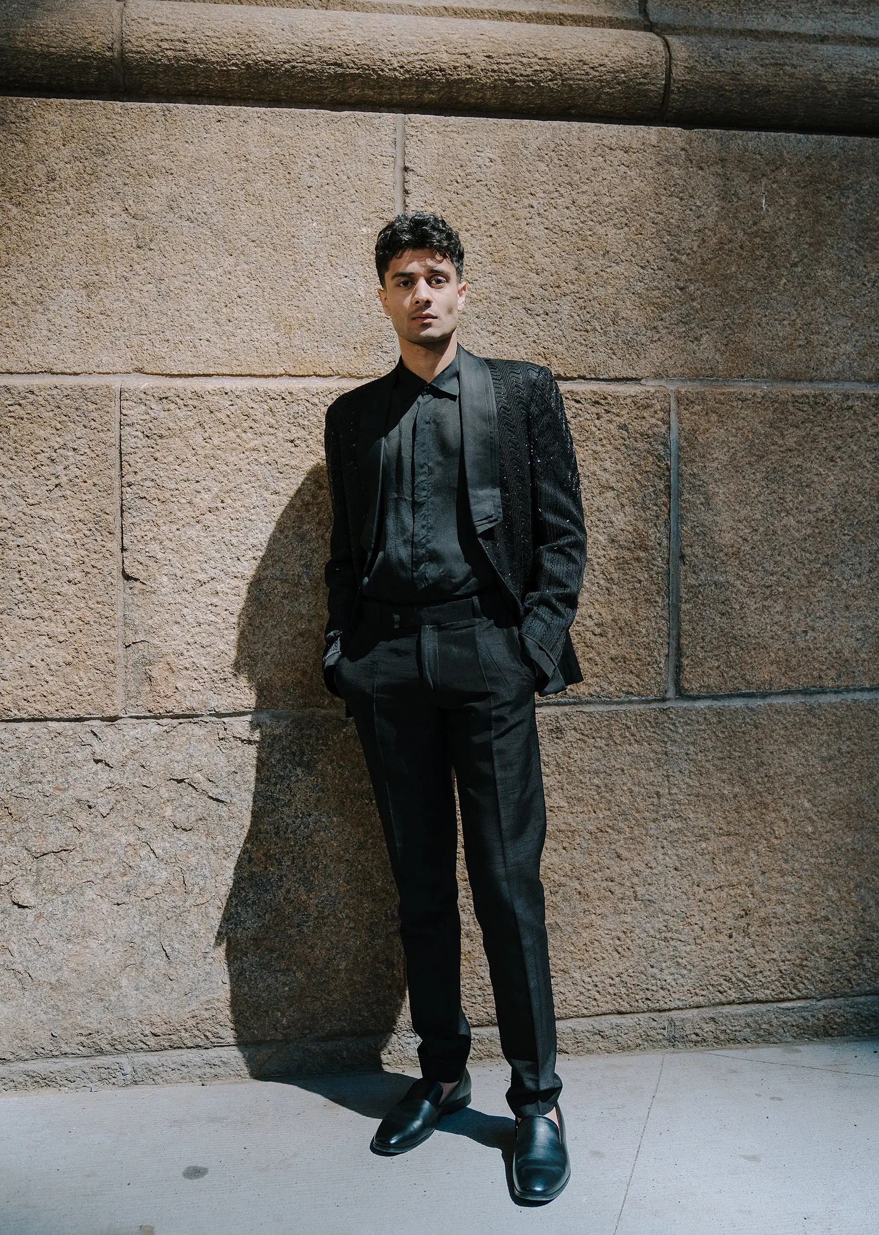 Black Hand Embellished Organza Lapel Tuxedo With Shirt And Pants