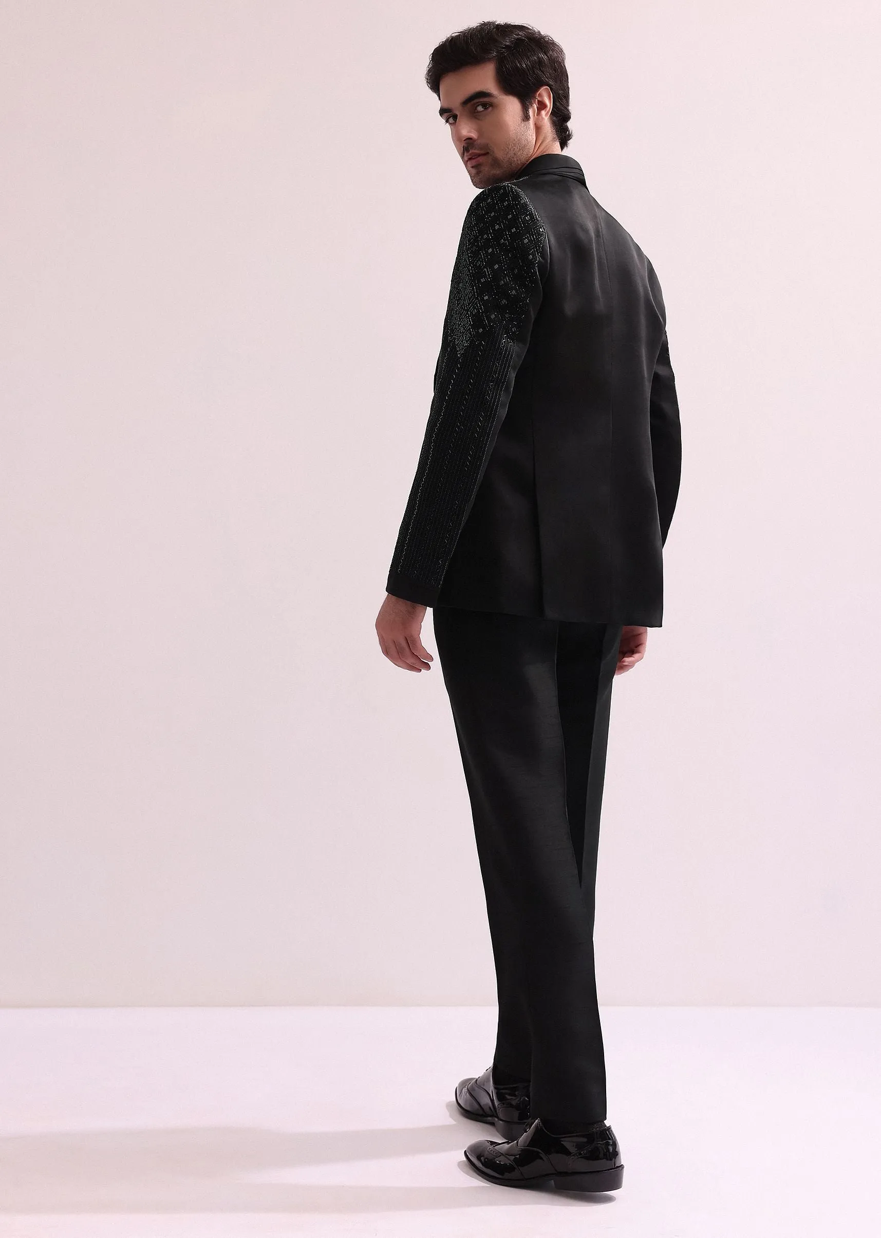 Black Hand Embellished Organza Lapel Tuxedo With Shirt And Pants