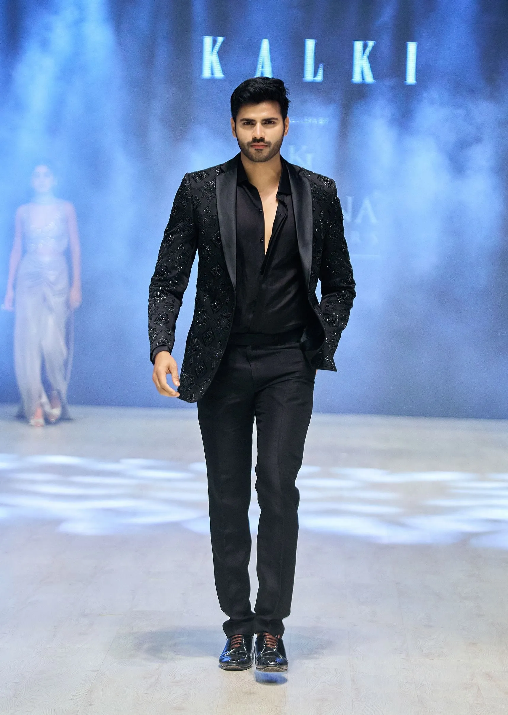 Black Stylized Cut Lapel Tuxedo With Shirt And Pants
