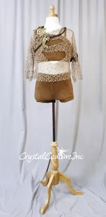 Brown Crop Top & Booty Shorts with Open Netting Shirt & Appliques