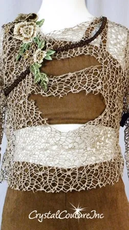 Brown Crop Top & Booty Shorts with Open Netting Shirt & Appliques