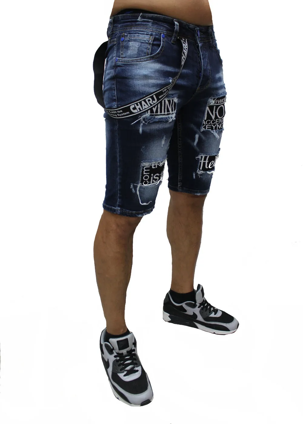 Dark Blue Jean Shorts With Patches and Suspender on Side