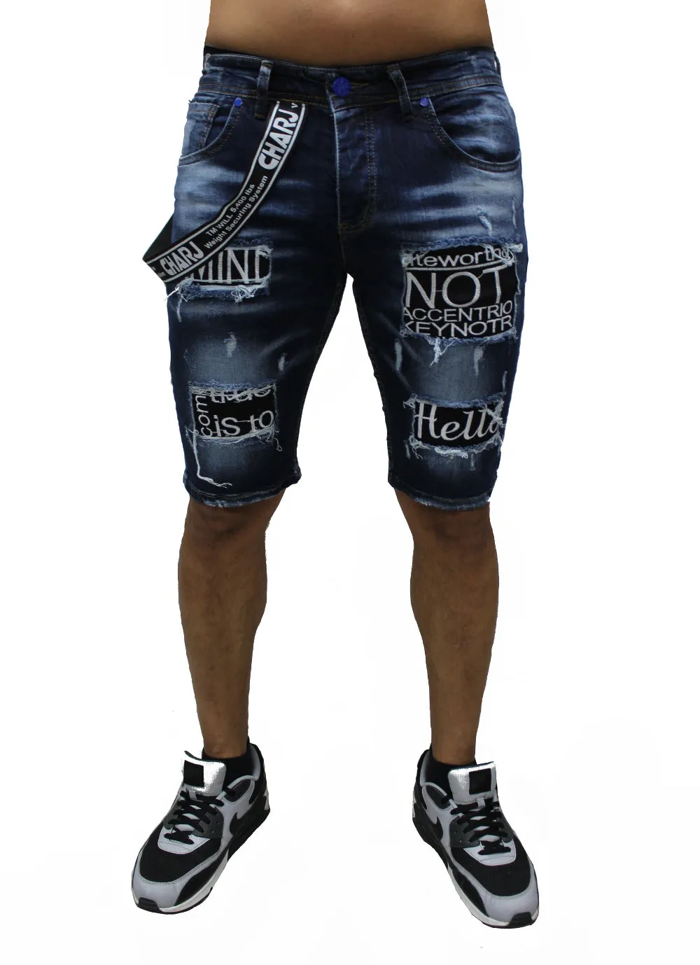 Dark Blue Jean Shorts With Patches and Suspender on Side