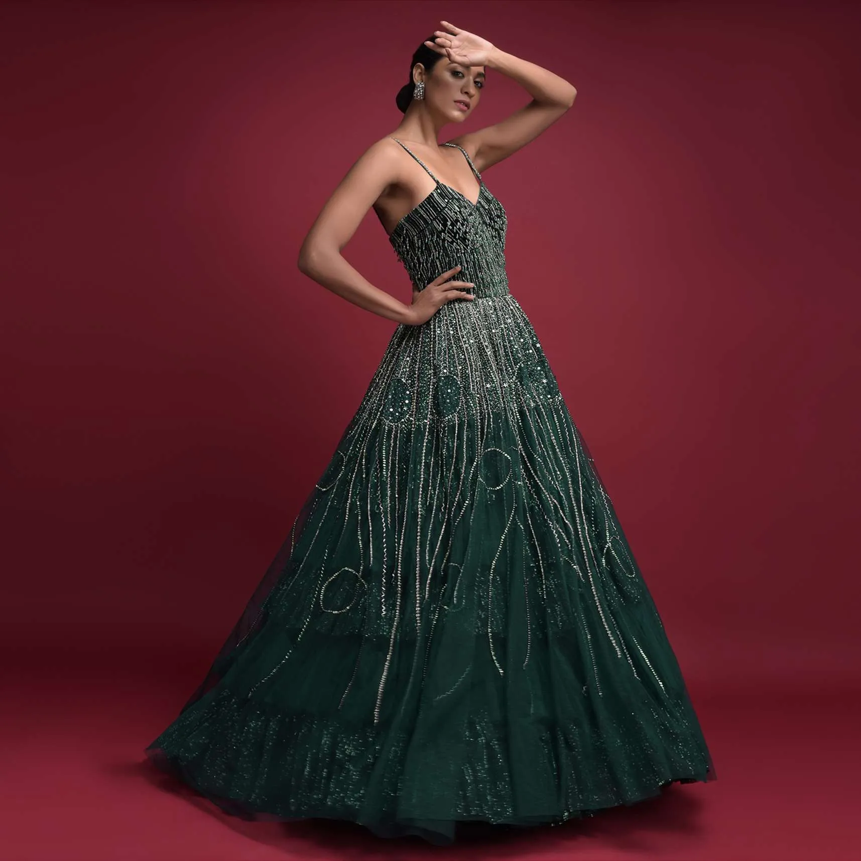 Emerald Green Corset Gown In Net With Velvet Bodice With Sequins Work In Geometric Pattern Online - Kalki Fashion