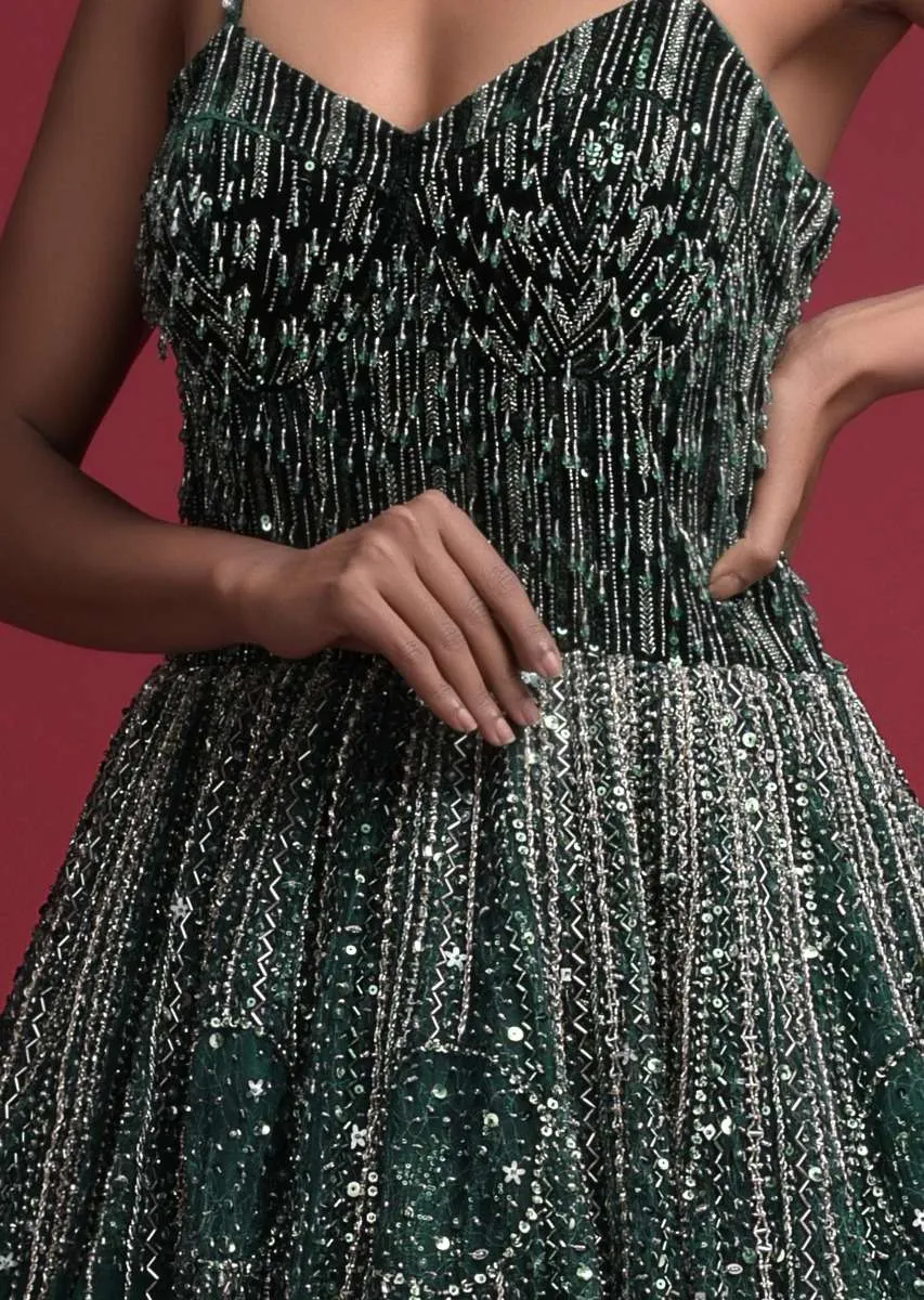 Emerald Green Corset Gown In Net With Velvet Bodice With Sequins Work In Geometric Pattern Online - Kalki Fashion