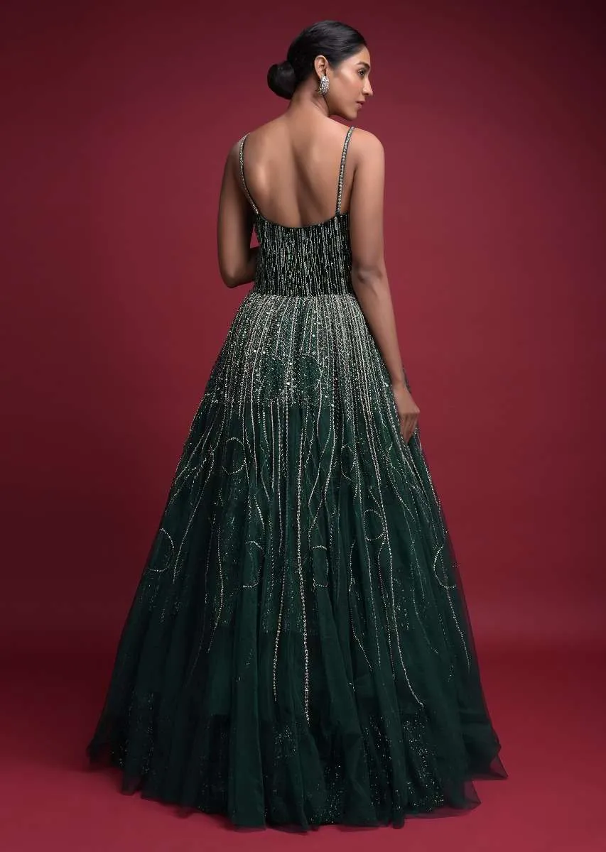 Emerald Green Corset Gown In Net With Velvet Bodice With Sequins Work In Geometric Pattern Online - Kalki Fashion