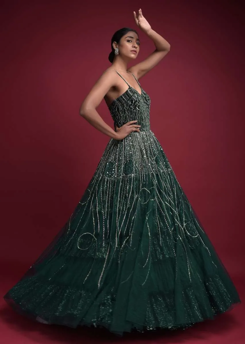 Emerald Green Corset Gown In Net With Velvet Bodice With Sequins Work In Geometric Pattern Online - Kalki Fashion