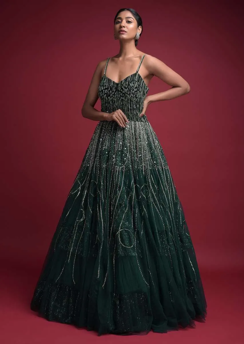 Emerald Green Corset Gown In Net With Velvet Bodice With Sequins Work In Geometric Pattern Online - Kalki Fashion