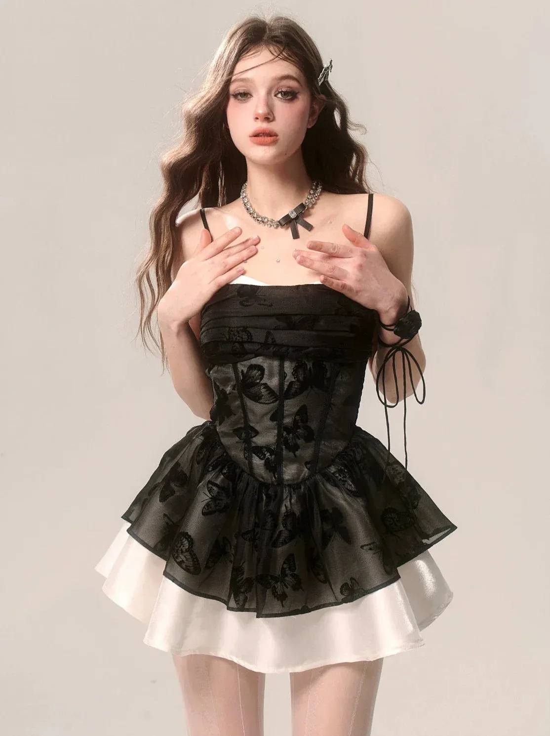 Faux Satin French Two-Piece Butterfly Suspender Black Dress