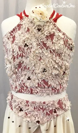 Ivory/Vintage Pink/Red 2-Piece Crop Top and Skirt w/Attached Briefs - Swarovski Rhinestones