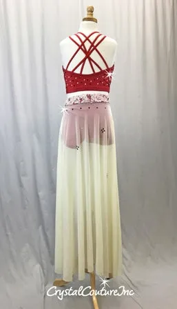 Ivory/Vintage Pink/Red 2-Piece Crop Top and Skirt w/Attached Briefs - Swarovski Rhinestones