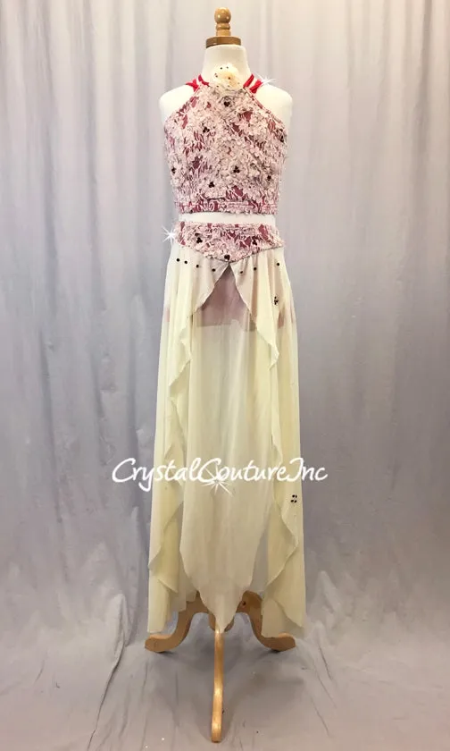 Ivory/Vintage Pink/Red 2-Piece Crop Top and Skirt w/Attached Briefs - Swarovski Rhinestones