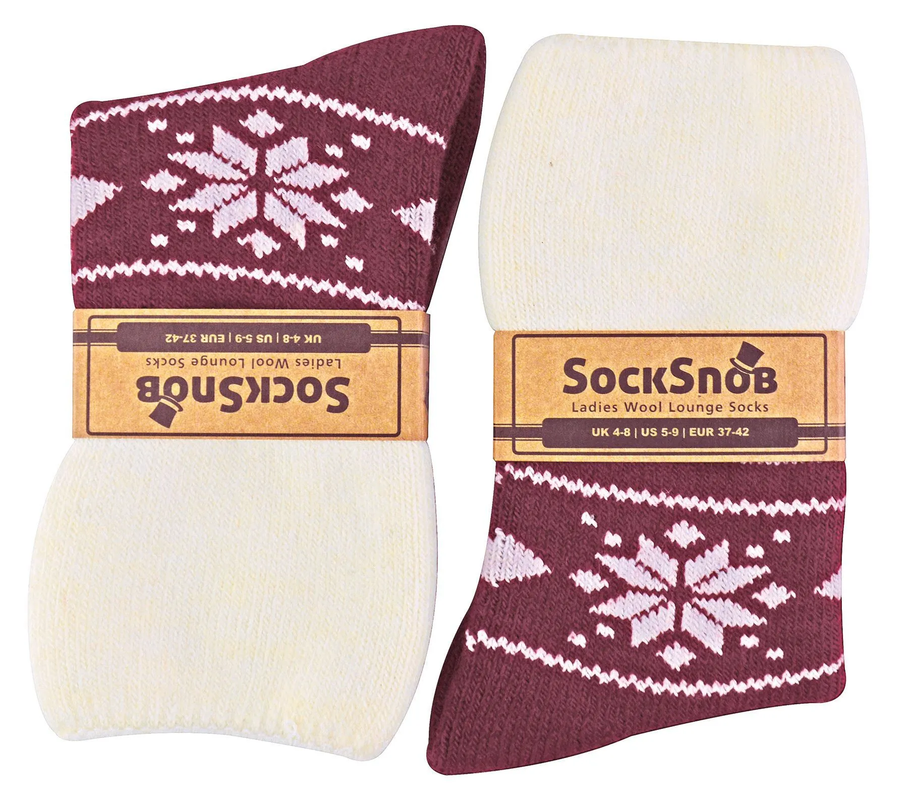 Ladies Wool Lounge Socks with Fairisle Design (4-8 / Red)