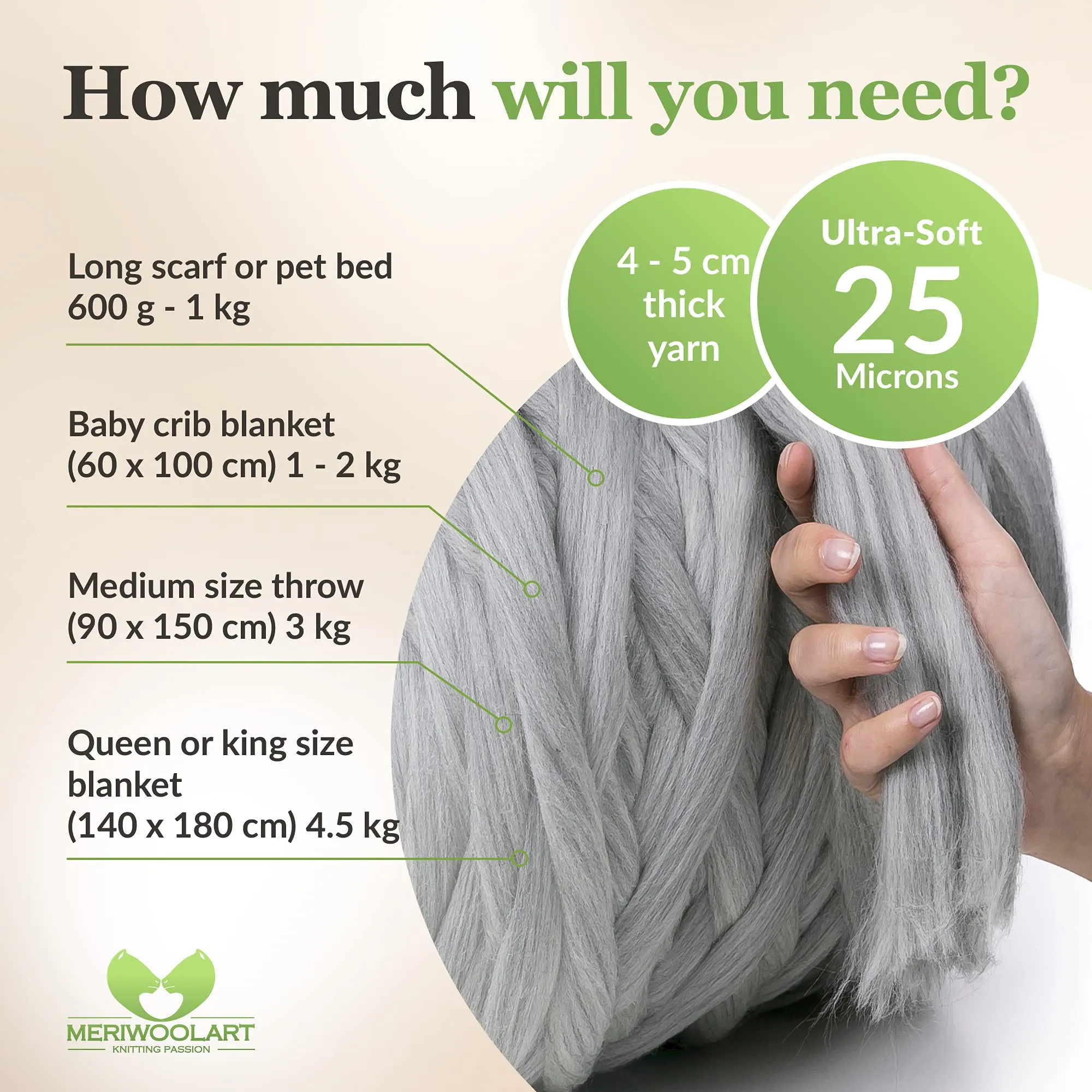 LIGHT GREY MELANGE SUPER CHUNKY MERINO WOOL 4-5 CM, 25 MICRONS