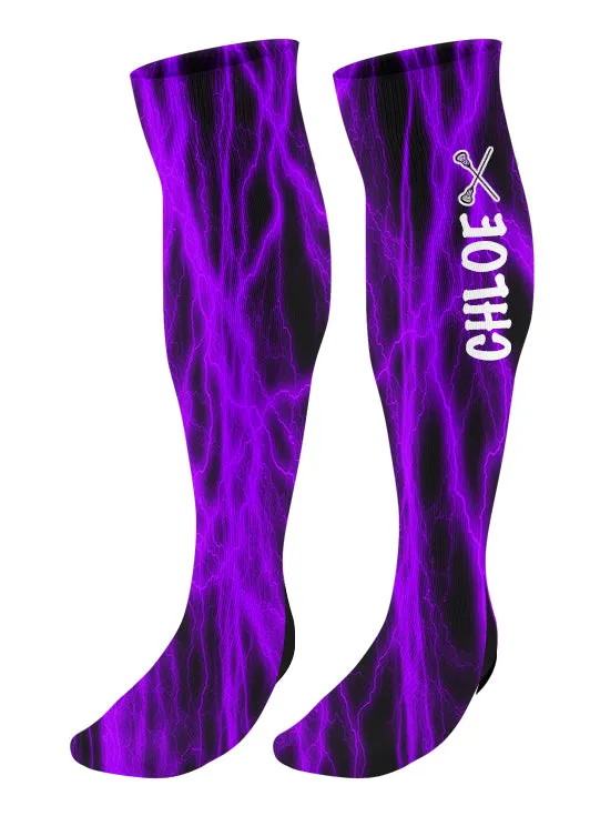 Personalized Lacrosse Knee High Socks - Lightning Background