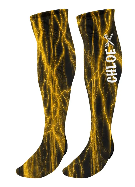 Personalized Lacrosse Knee High Socks - Lightning Background