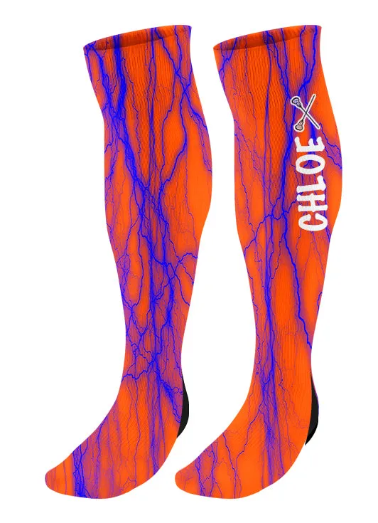 Personalized Lacrosse Knee High Socks - Lightning Background