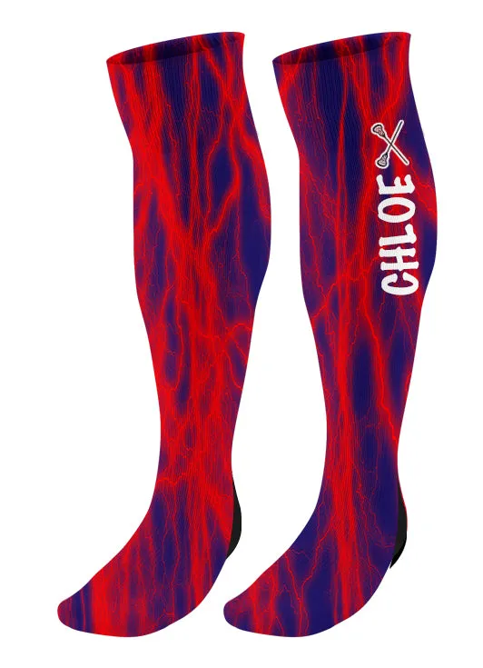 Personalized Lacrosse Knee High Socks - Lightning Background
