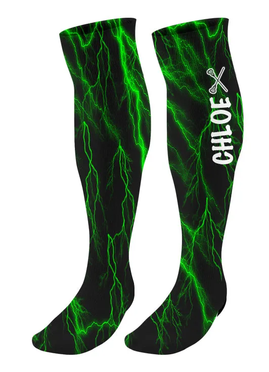 Personalized Lacrosse Knee High Socks - Lightning Background