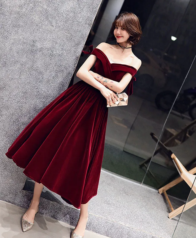 Velvet Off Shoulder Burgundy Prom Dresses, Velvet Homecoming Dresses