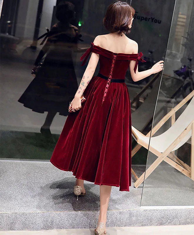 Velvet Off Shoulder Burgundy Prom Dresses, Velvet Homecoming Dresses
